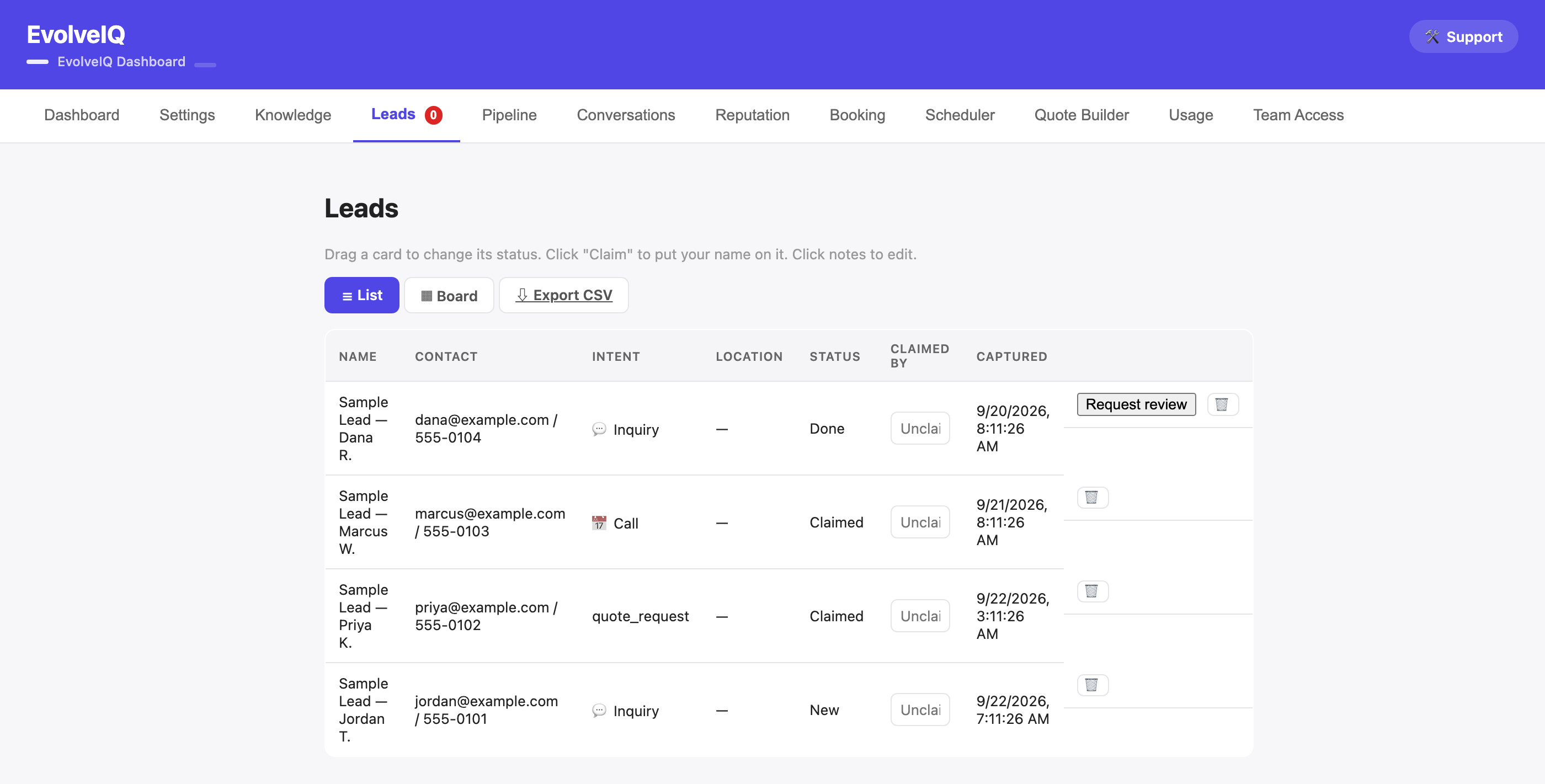 EvolveIQ leads list showing name, contact, intent, status and captured date