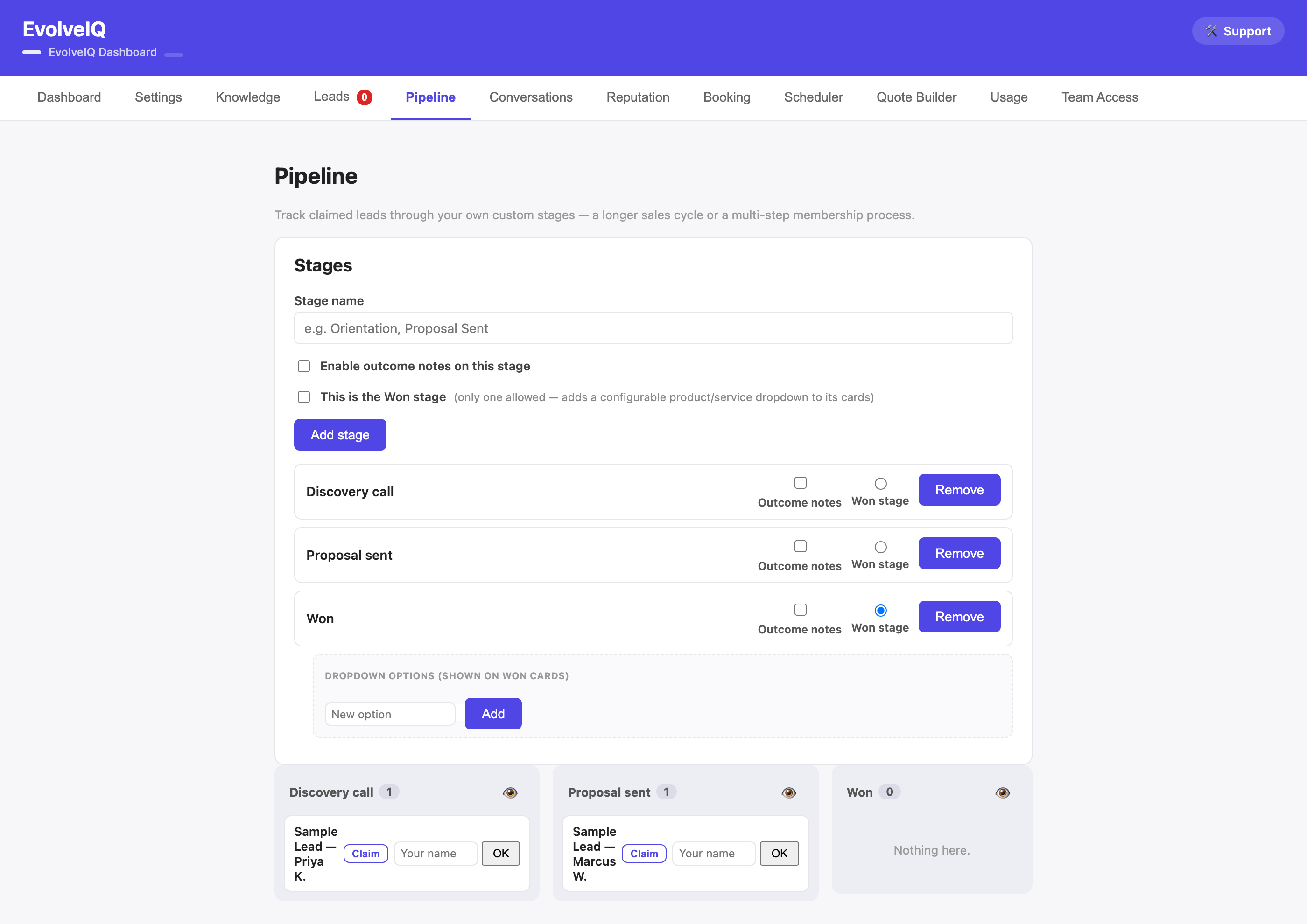 EvolveIQ sales pipeline showing custom stages and claimed cards