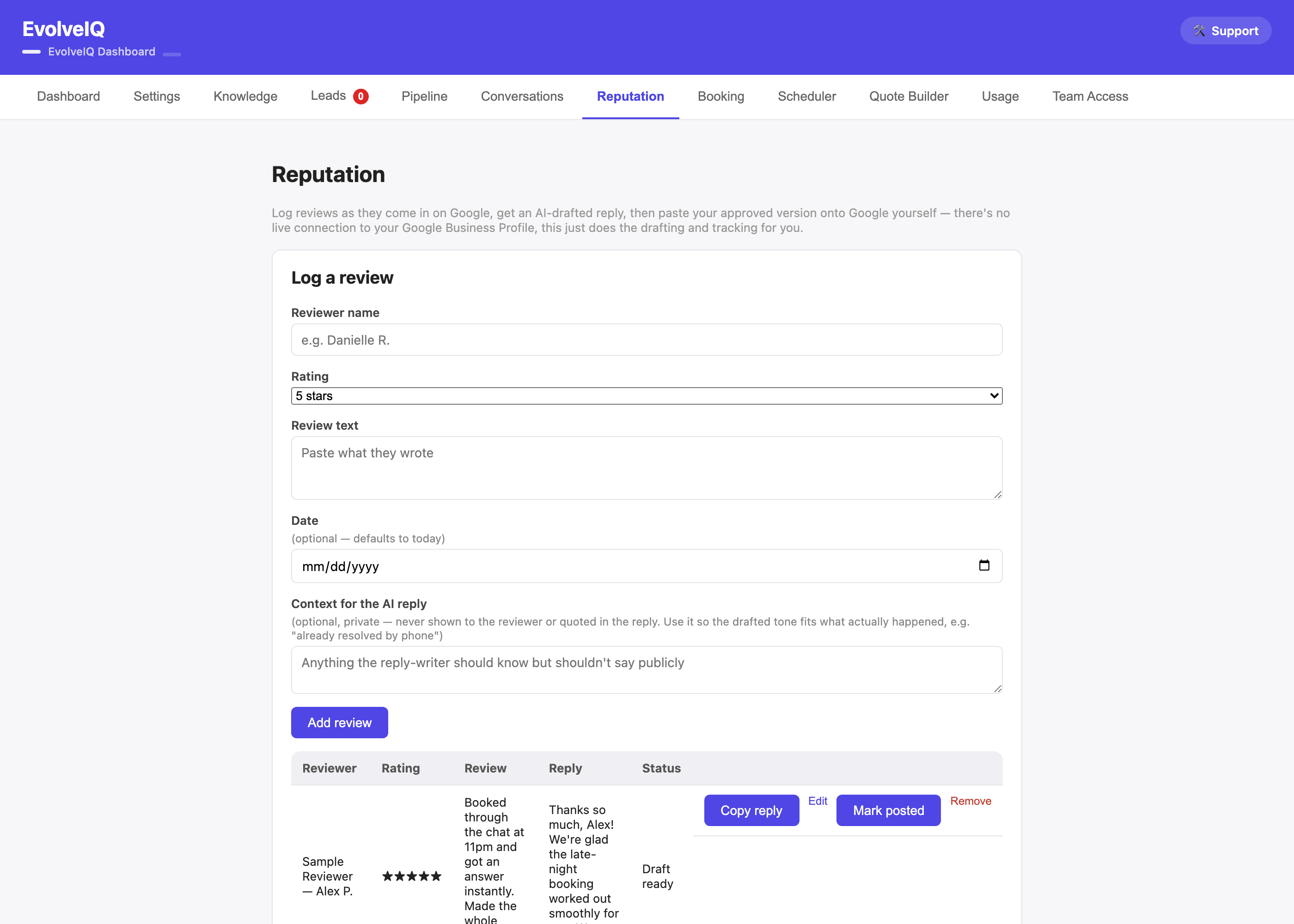 EvolveIQ reputation dashboard showing a logged review with an AI-drafted reply