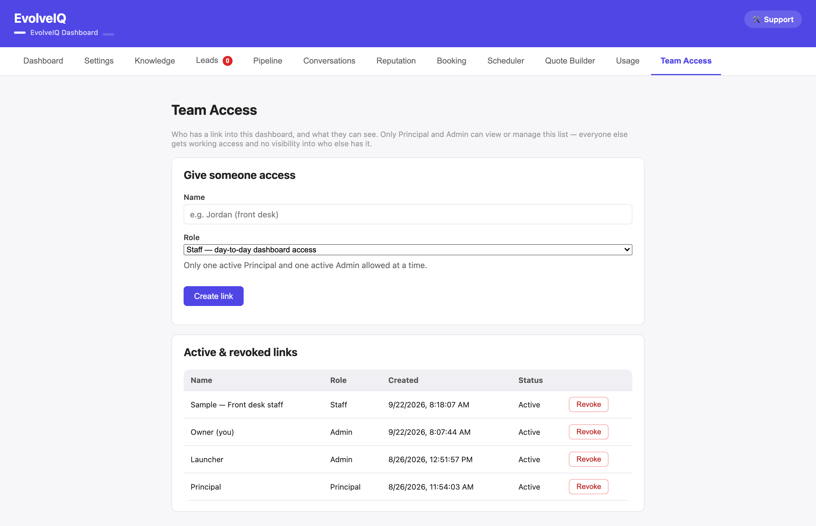 EvolveIQ team access page showing roles and active links