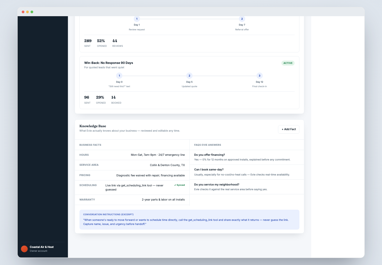 EvolveIQ knowledge base dashboard showing business facts, FAQs, and conversation instructions