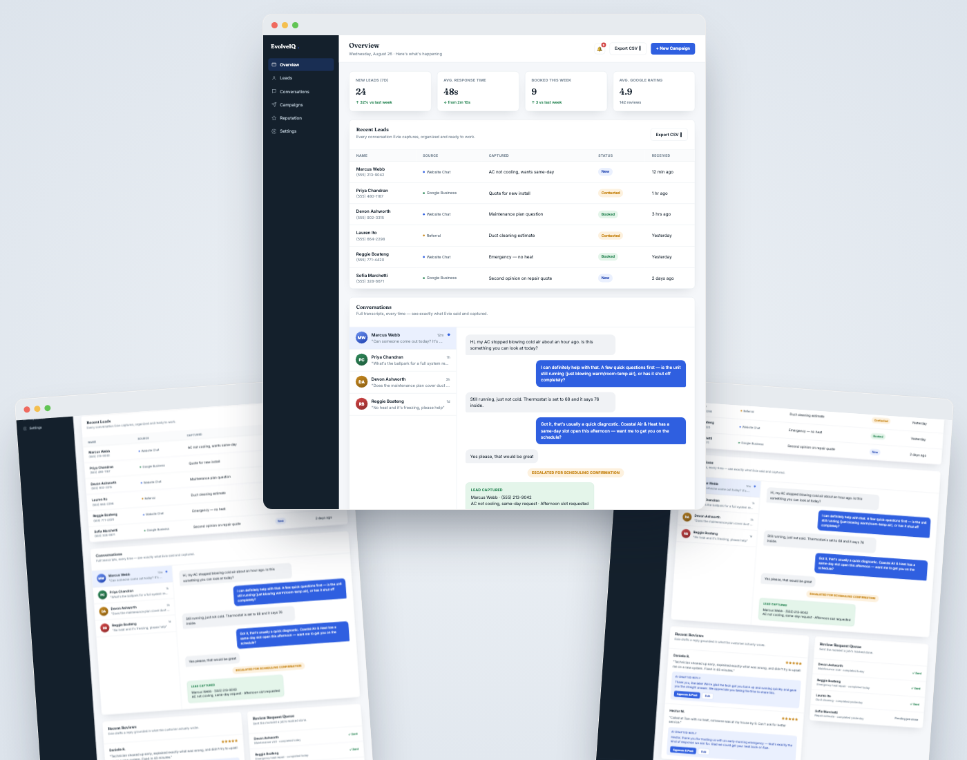 EvolveIQ dashboard showing leads, AI conversations, and reputation management